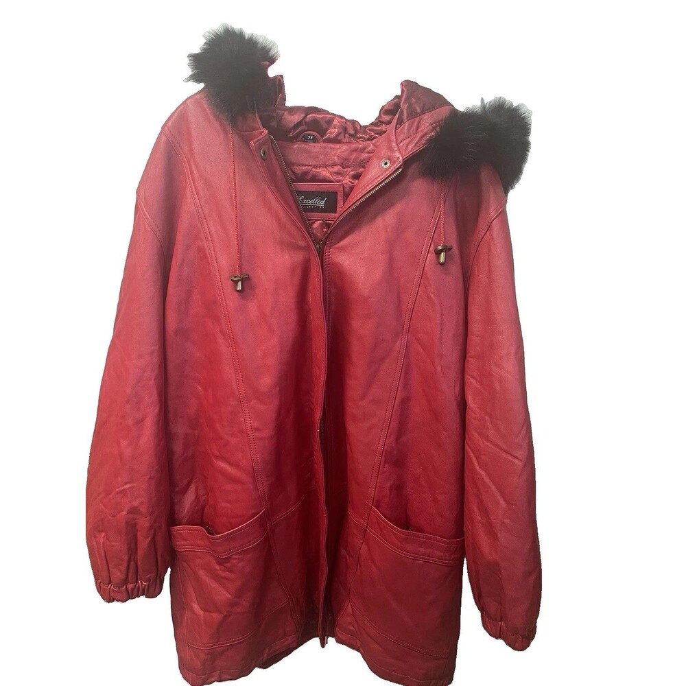 Excelled Leather Jacket Women’s 2xl Red Black Fur Trimmed Hood Y2K Nice Coat